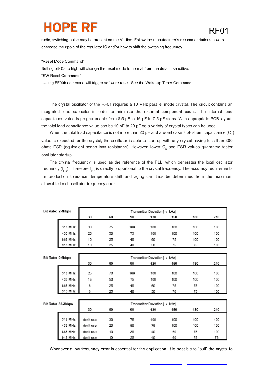 Rf01, Crystal selection guidelines | Rainbow Electronics RF01 User Manual | Page 21 / 26