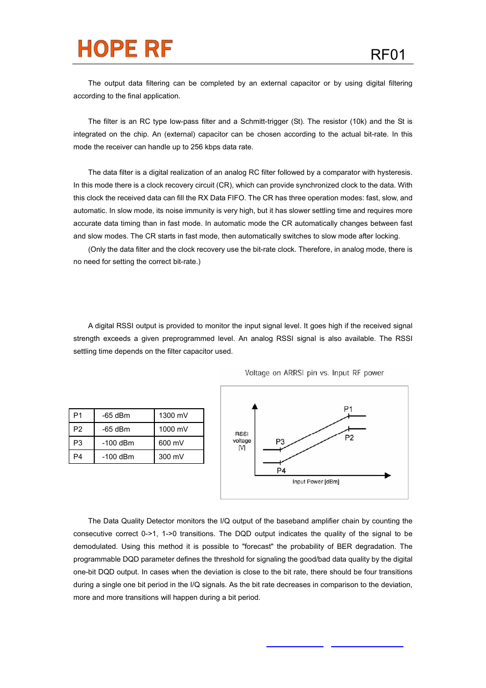 Rf01, Data filtering and clock recovery, Data validity blocks rssi | Rainbow Electronics RF01 User Manual | Page 4 / 26