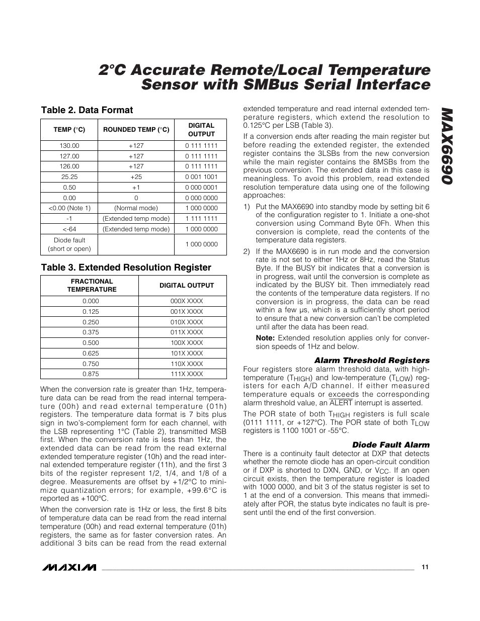 Table 2. data format, Table 3. extended resolution register | Rainbow Electronics MAX6690 User Manual | Page 11 / 16