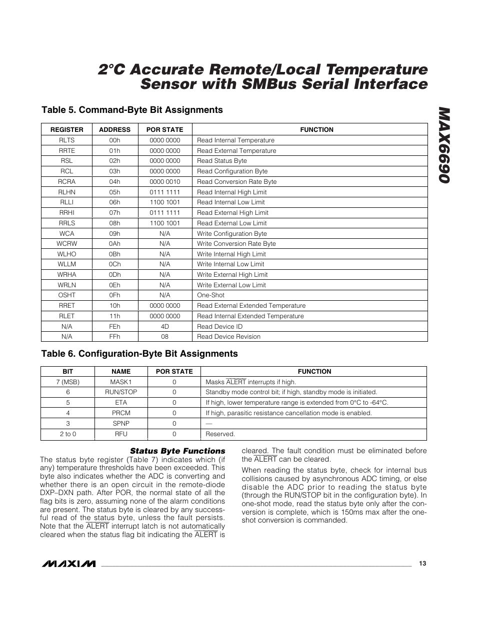 Table 6. configuration-byte bit assignments, Table 5. command-byte bit assignments | Rainbow Electronics MAX6690 User Manual | Page 13 / 16