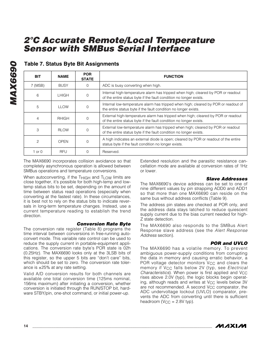 Table 7. status byte bit assignments | Rainbow Electronics MAX6690 User Manual | Page 14 / 16