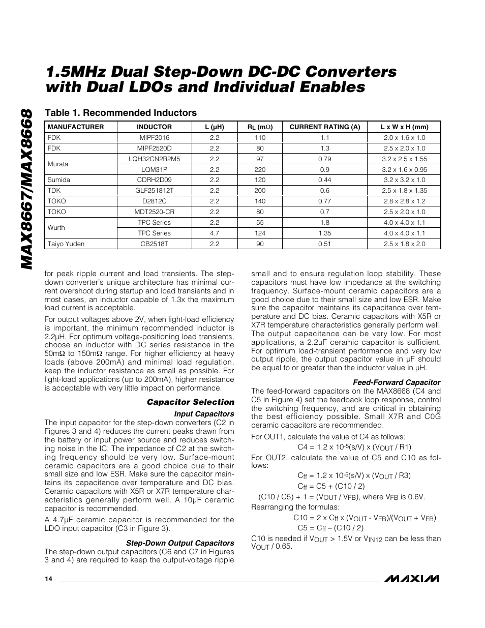 Table 1. recommended inductors | Rainbow Electronics MAX8668 User Manual | Page 14 / 18