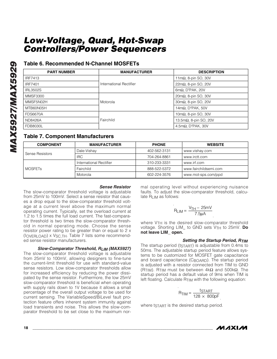 Table 6. recommended n-channel mosfets, Table 7. component manufacturers | Rainbow Electronics MAX5929 User Manual | Page 18 / 25