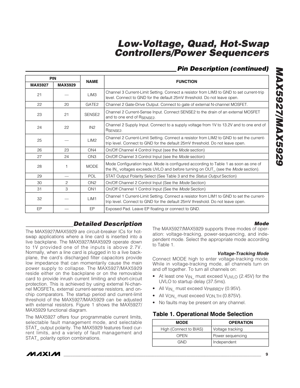 Detailed description, Pin description (continued), Table 1. operational mode selection | Rainbow Electronics MAX5929 User Manual | Page 9 / 25