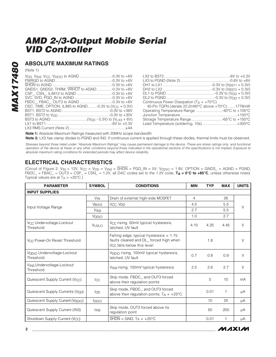 Absolute maximum ratings, Electrical characteristics | Rainbow Electronics MAX17480 User Manual | Page 2 / 48