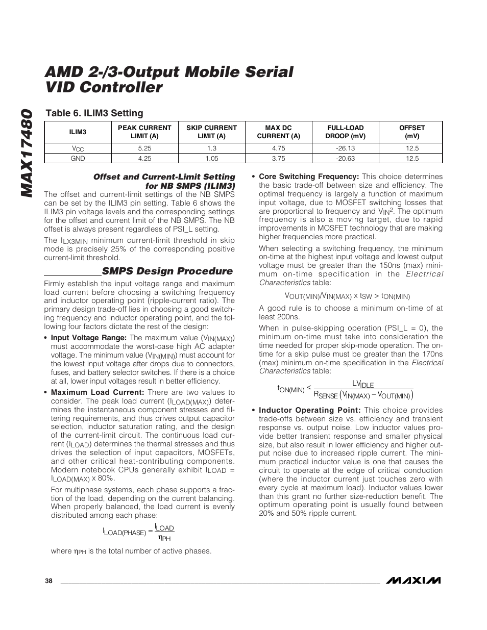 Smps design procedure, Table 6. ilim3 setting | Rainbow Electronics MAX17480 User Manual | Page 38 / 48