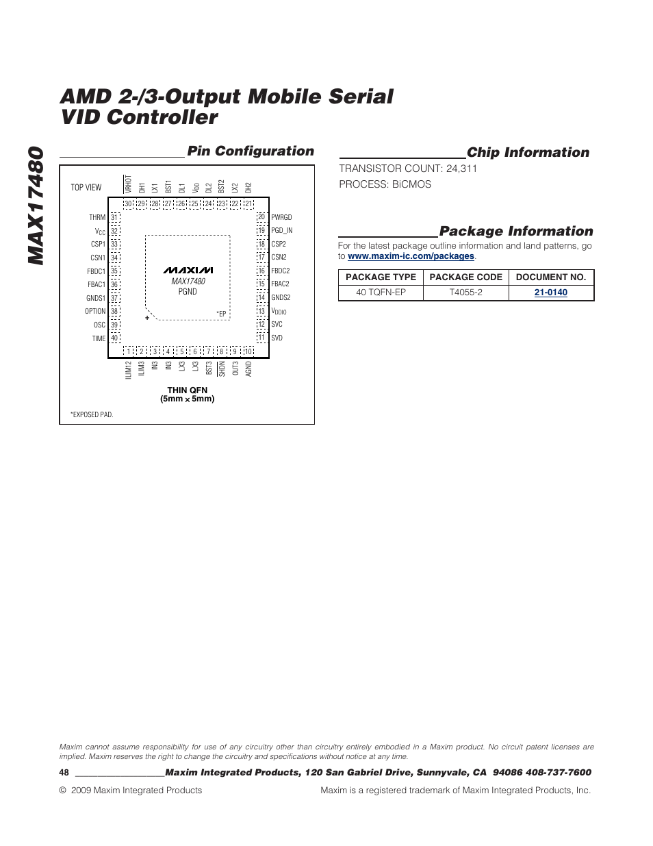 Pin configuration, Chip information, Package information | Rainbow Electronics MAX17480 User Manual | Page 48 / 48