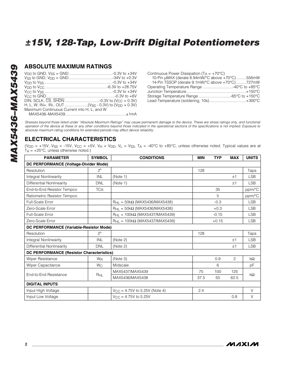 Absolute maximum ratings, Electrical characteristics | Rainbow Electronics MAX5439 User Manual | Page 2 / 11
