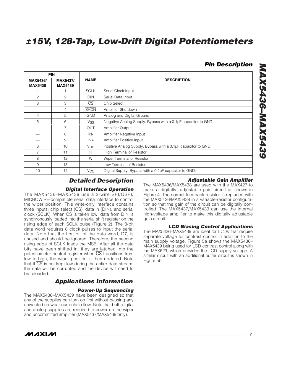 Detailed description, Applications information, Pin description | Rainbow Electronics MAX5439 User Manual | Page 7 / 11