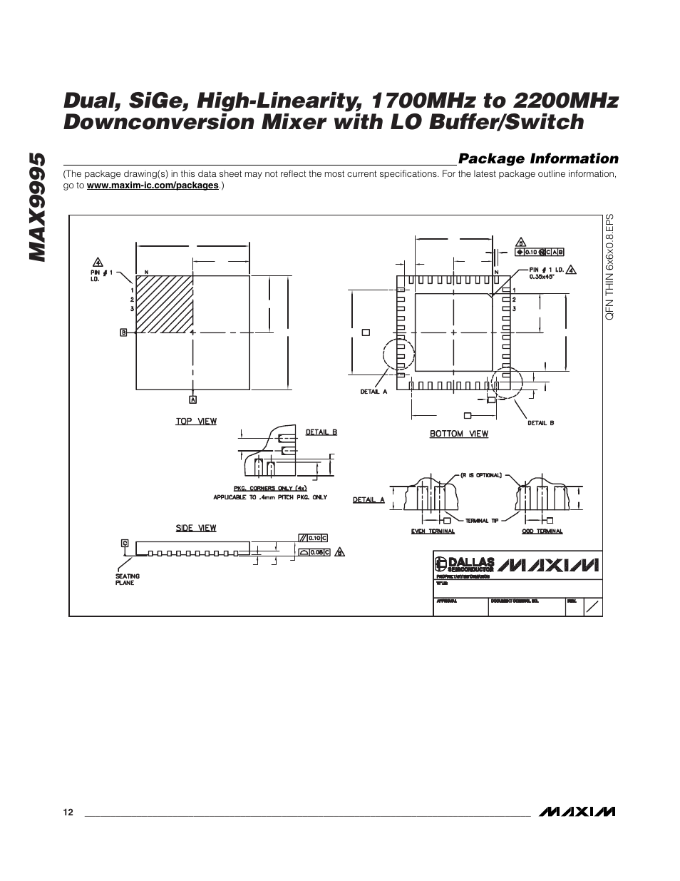 Package information, Qfn thin 6x6x0.8 | Rainbow Electronics MAX9995 User Manual | Page 12 / 13