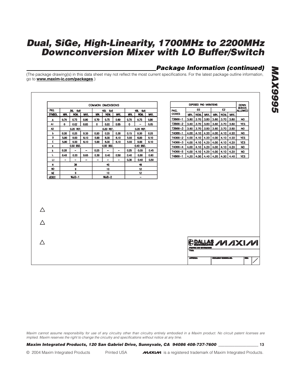 Package information (continued) | Rainbow Electronics MAX9995 User Manual | Page 13 / 13