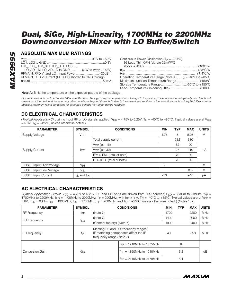 Absolute maximum ratings, Dc electrical characteristics, Ac electrical characteristics | Rainbow Electronics MAX9995 User Manual | Page 2 / 13