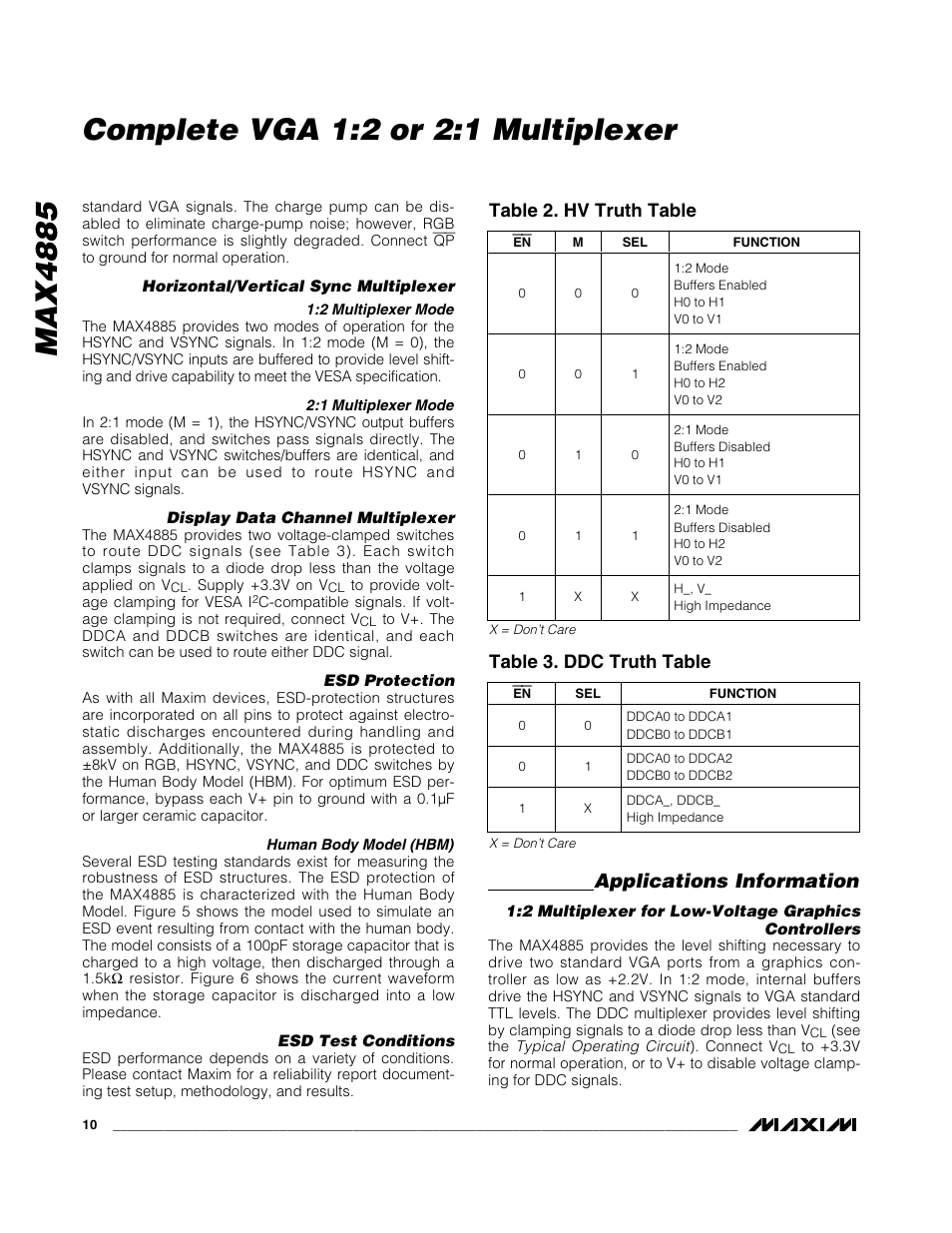 Applications information, Table 2. hv truth table, Table 3. ddc truth table | Rainbow Electronics MAX4885 User Manual | Page 10 / 13
