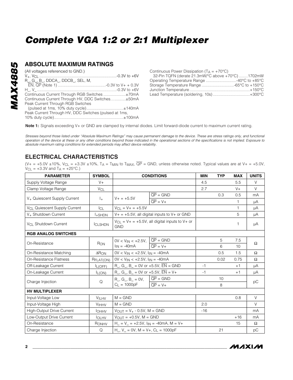Absolute maximum ratings, Electrical characteristics | Rainbow Electronics MAX4885 User Manual | Page 2 / 13