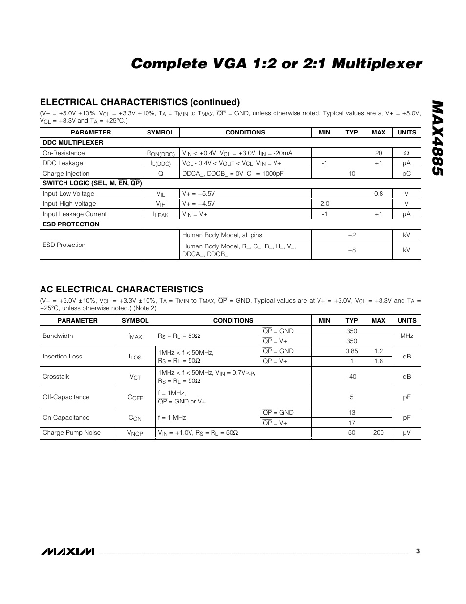 Electrical characteristics (continued), Ac electrical characteristics | Rainbow Electronics MAX4885 User Manual | Page 3 / 13