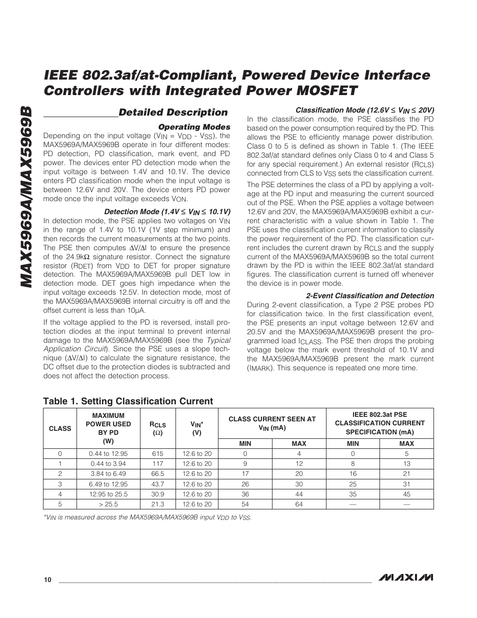 Detailed description, Table 1. setting classification current | Rainbow Electronics MAX5969B User Manual | Page 10 / 14