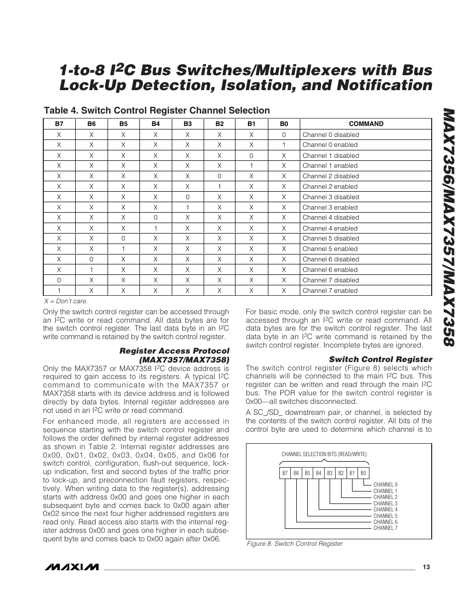 Table 4. switch control register channel selection | Rainbow Electronics MAX7358 User Manual | Page 13 / 22