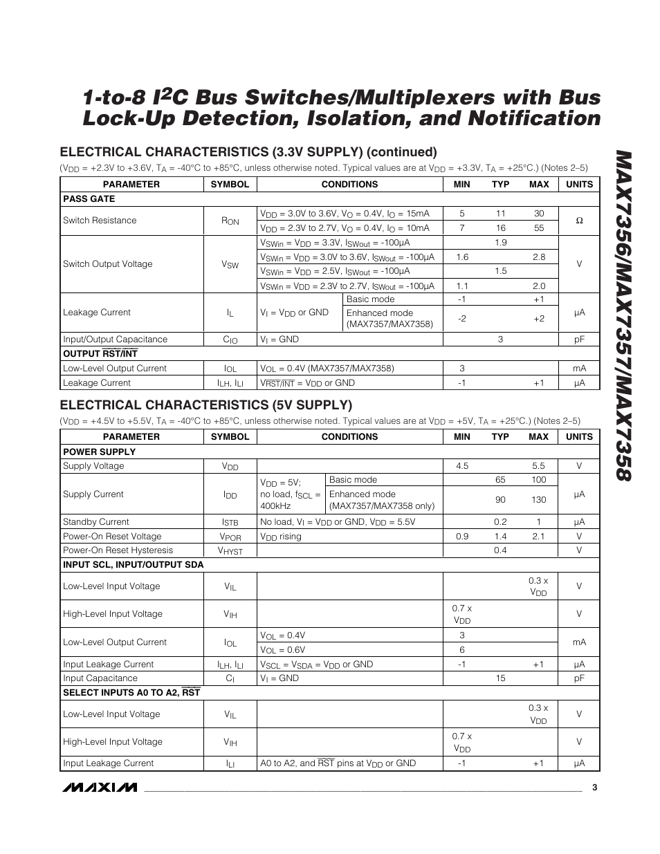 Electrical characteristics (5v supply) | Rainbow Electronics MAX7358 User Manual | Page 3 / 22
