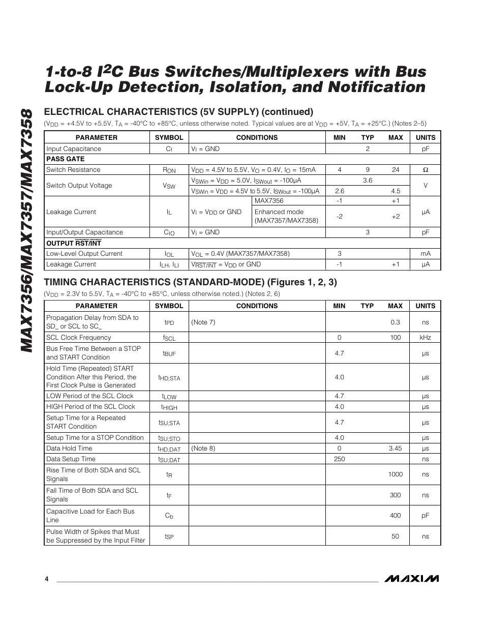 Electrical characteristics (5v supply) (continued) | Rainbow Electronics MAX7358 User Manual | Page 4 / 22