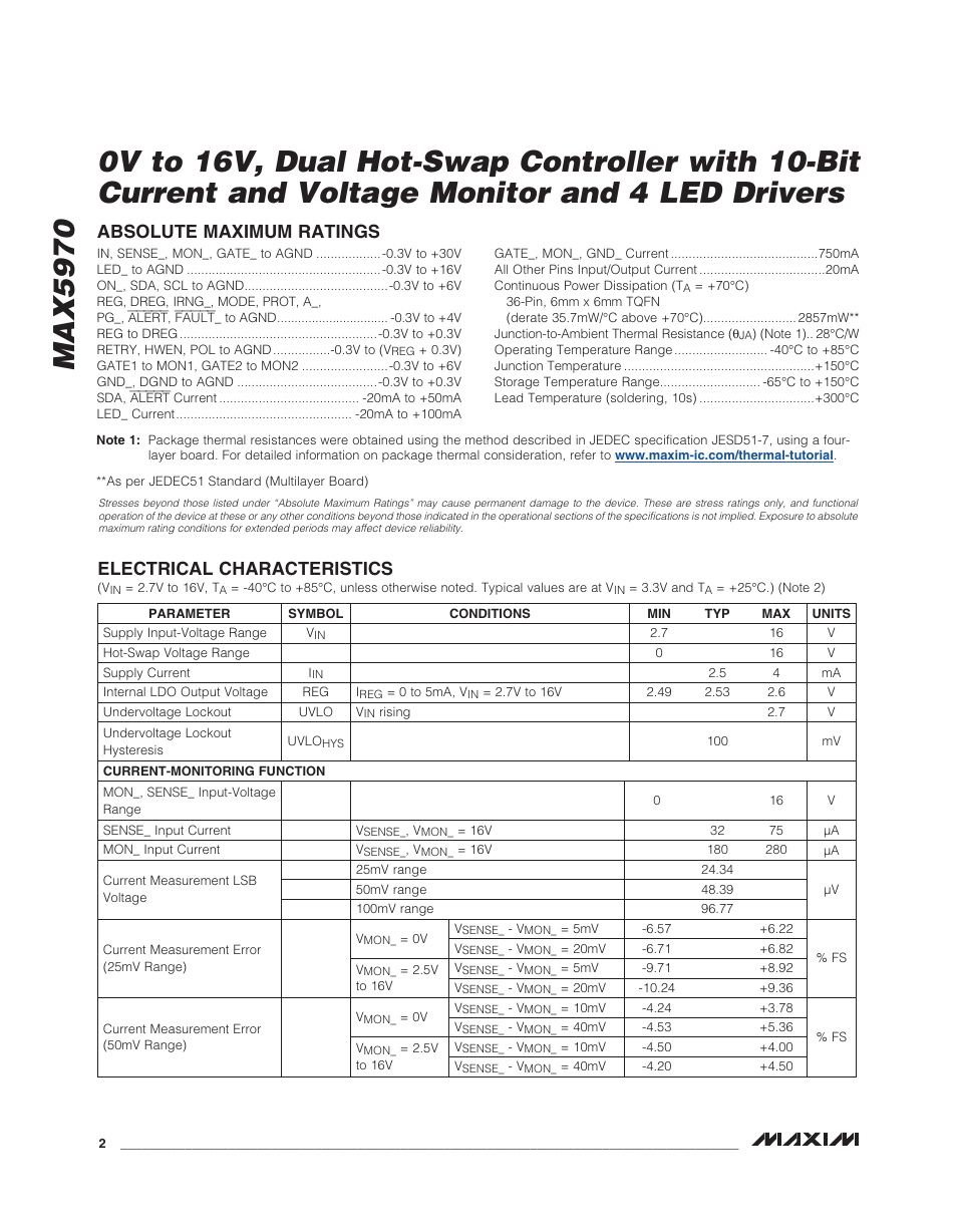 Electrical characteristics, Absolute maximum ratings | Rainbow Electronics MAX5970 User Manual | Page 2 / 41
