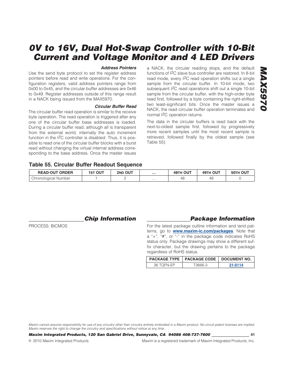 Table 55. circular buffer readout sequence, Package information, Chip information | Rainbow Electronics MAX5970 User Manual | Page 41 / 41