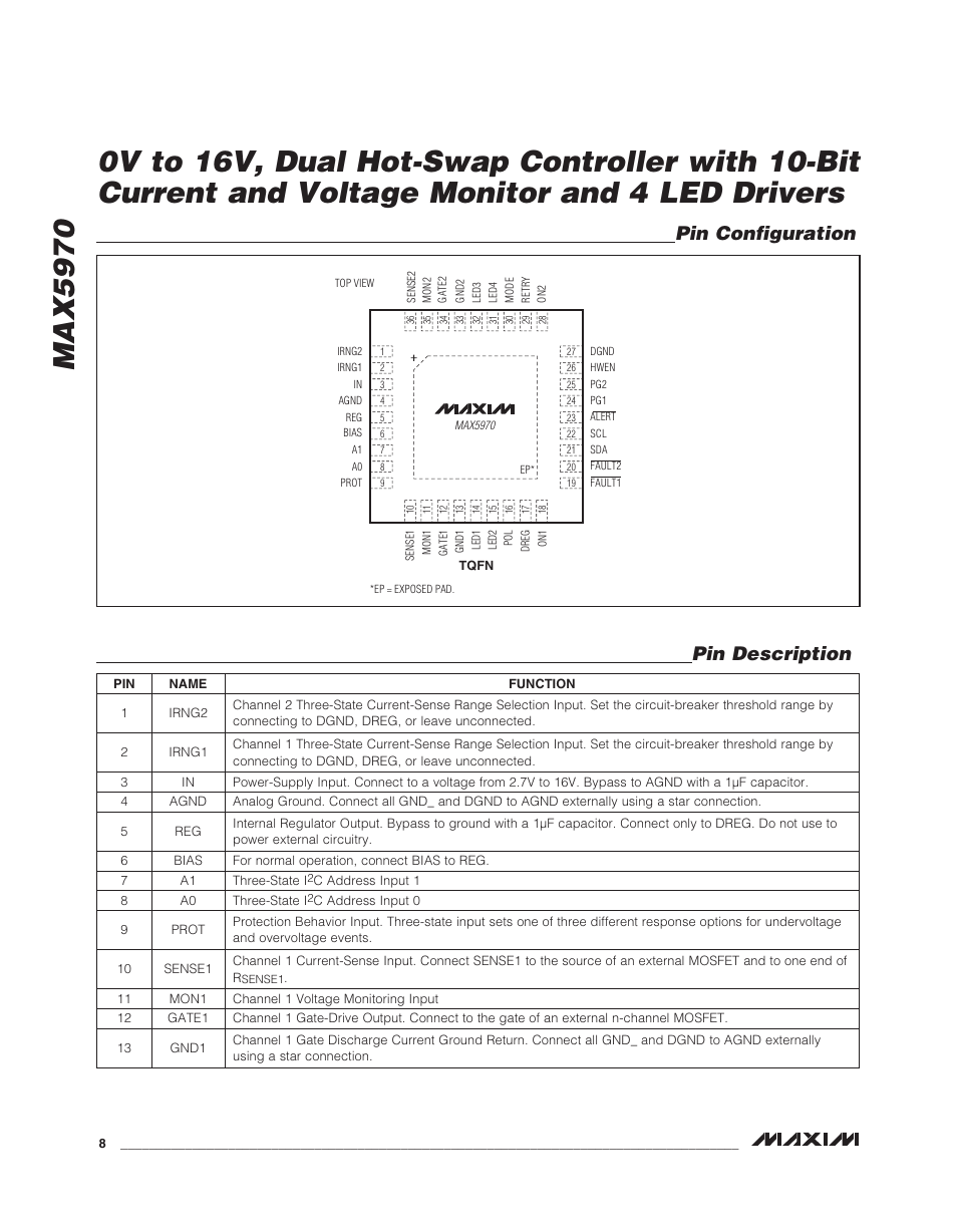Pin configuration pin description | Rainbow Electronics MAX5970 User Manual | Page 8 / 41