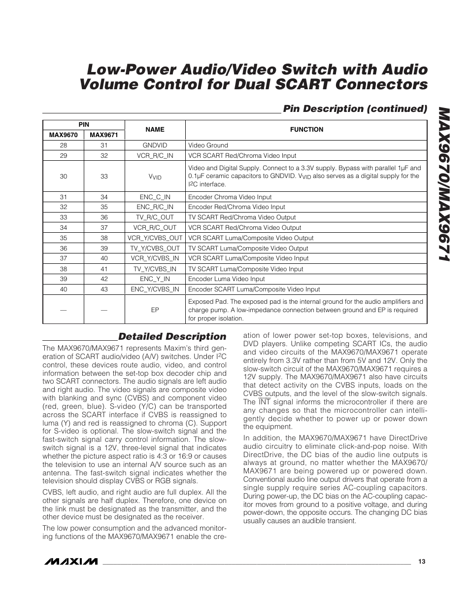 Detailed description, Pin description (continued) | Rainbow Electronics MAX9671 User Manual | Page 13 / 42