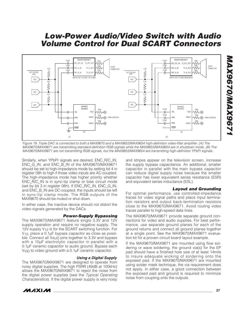 Power-supply bypassing, Layout and grounding, Using a digital supply | Typical operating characteristics, Is for the scart switching function. for v | Rainbow Electronics MAX9671 User Manual | Page 27 / 42