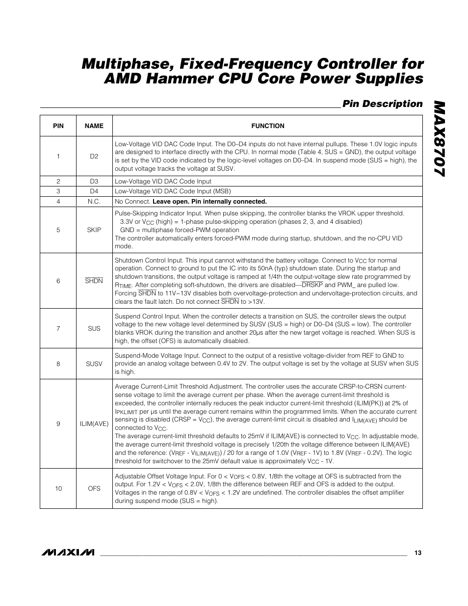 Pin description | Rainbow Electronics MAX8707 User Manual | Page 13 / 37