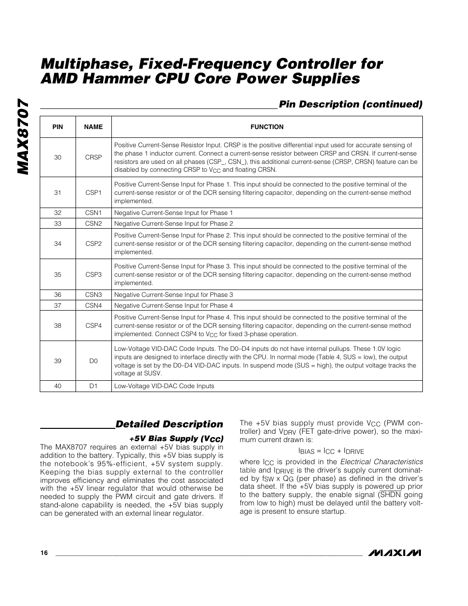 Max8707, Detailed description, Pin description (continued) | Rainbow Electronics MAX8707 User Manual | Page 16 / 37