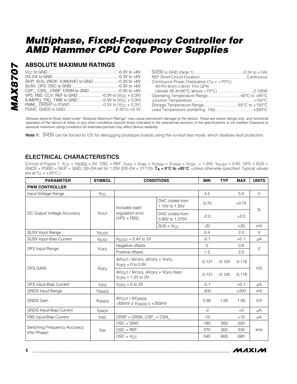 Absolute maximum ratings, Electrical characteristics | Rainbow Electronics MAX8707 User Manual | Page 2 / 37
