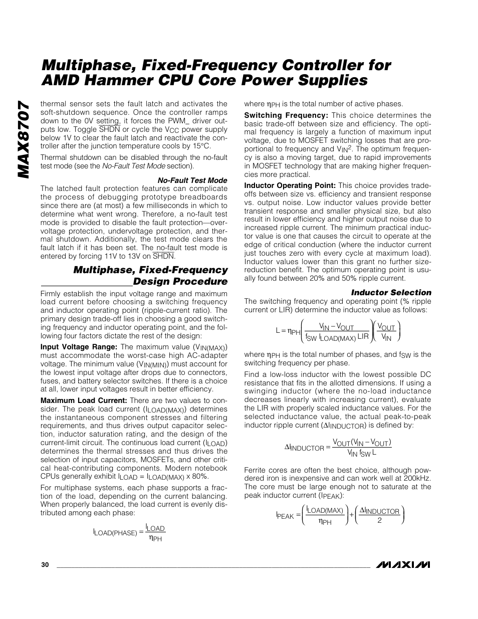Multiphase, fixed-frequency design procedure | Rainbow Electronics MAX8707 User Manual | Page 30 / 37