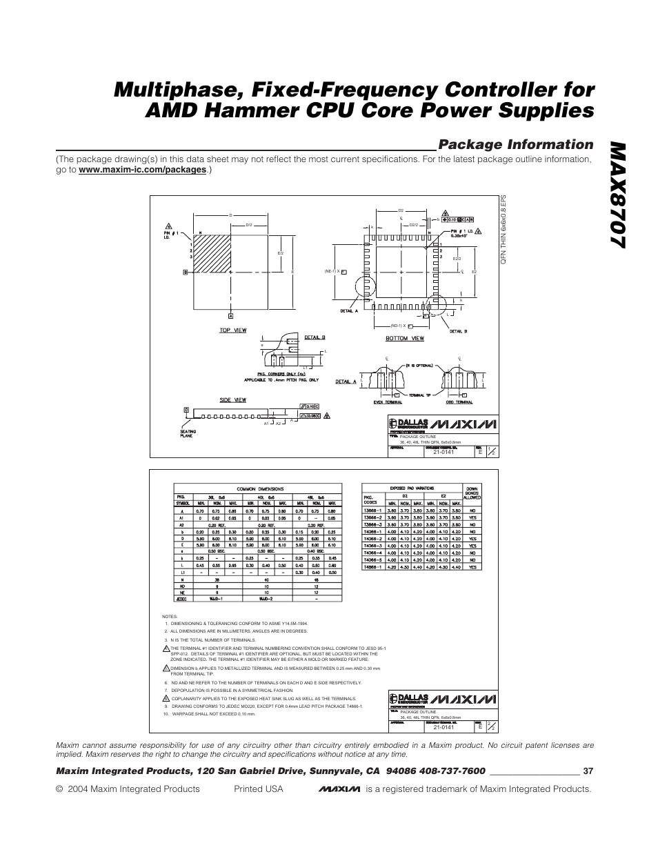 Package information | Rainbow Electronics MAX8707 User Manual | Page 37 / 37