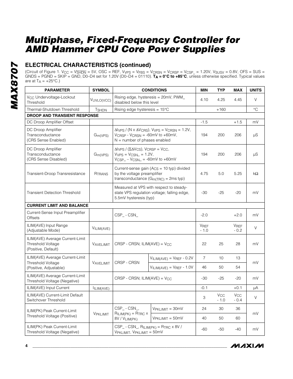 Electrical characteristics (continued) | Rainbow Electronics MAX8707 User Manual | Page 4 / 37
