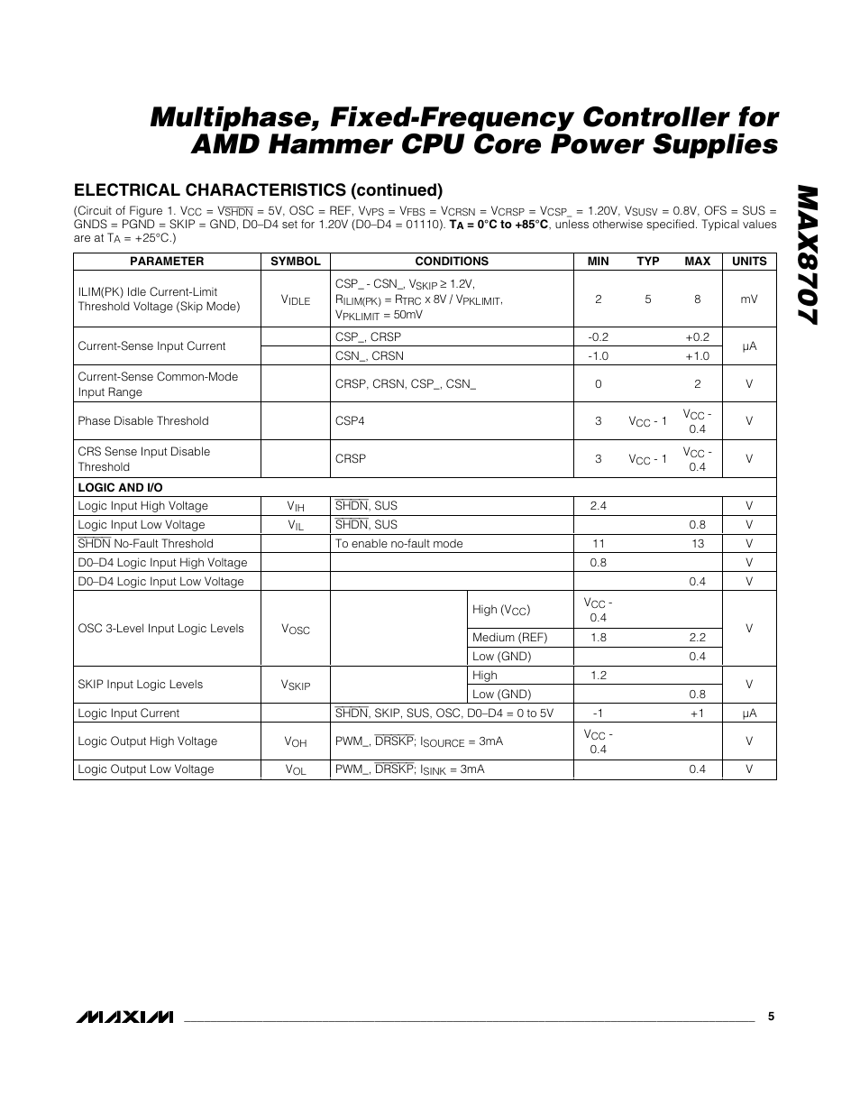 Electrical characteristics (continued) | Rainbow Electronics MAX8707 User Manual | Page 5 / 37
