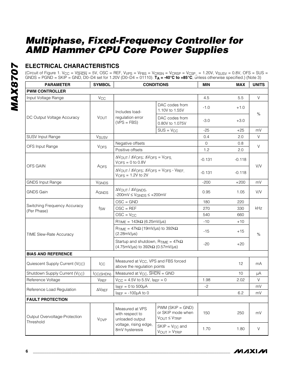 Electrical characteristics | Rainbow Electronics MAX8707 User Manual | Page 6 / 37