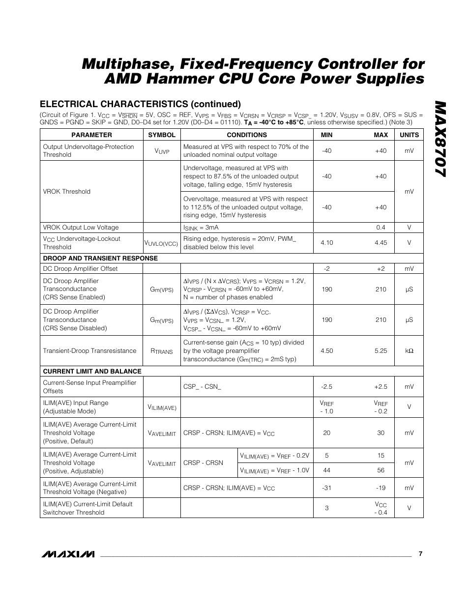 Electrical characteristics (continued) | Rainbow Electronics MAX8707 User Manual | Page 7 / 37