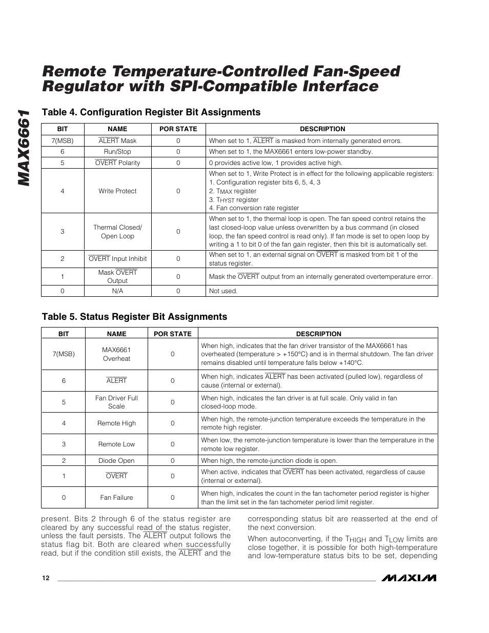Max6661, Table 4. configuration register bit assignments, Table 5. status register bit assignments | Rainbow Electronics MAX6661 User Manual | Page 12 / 19