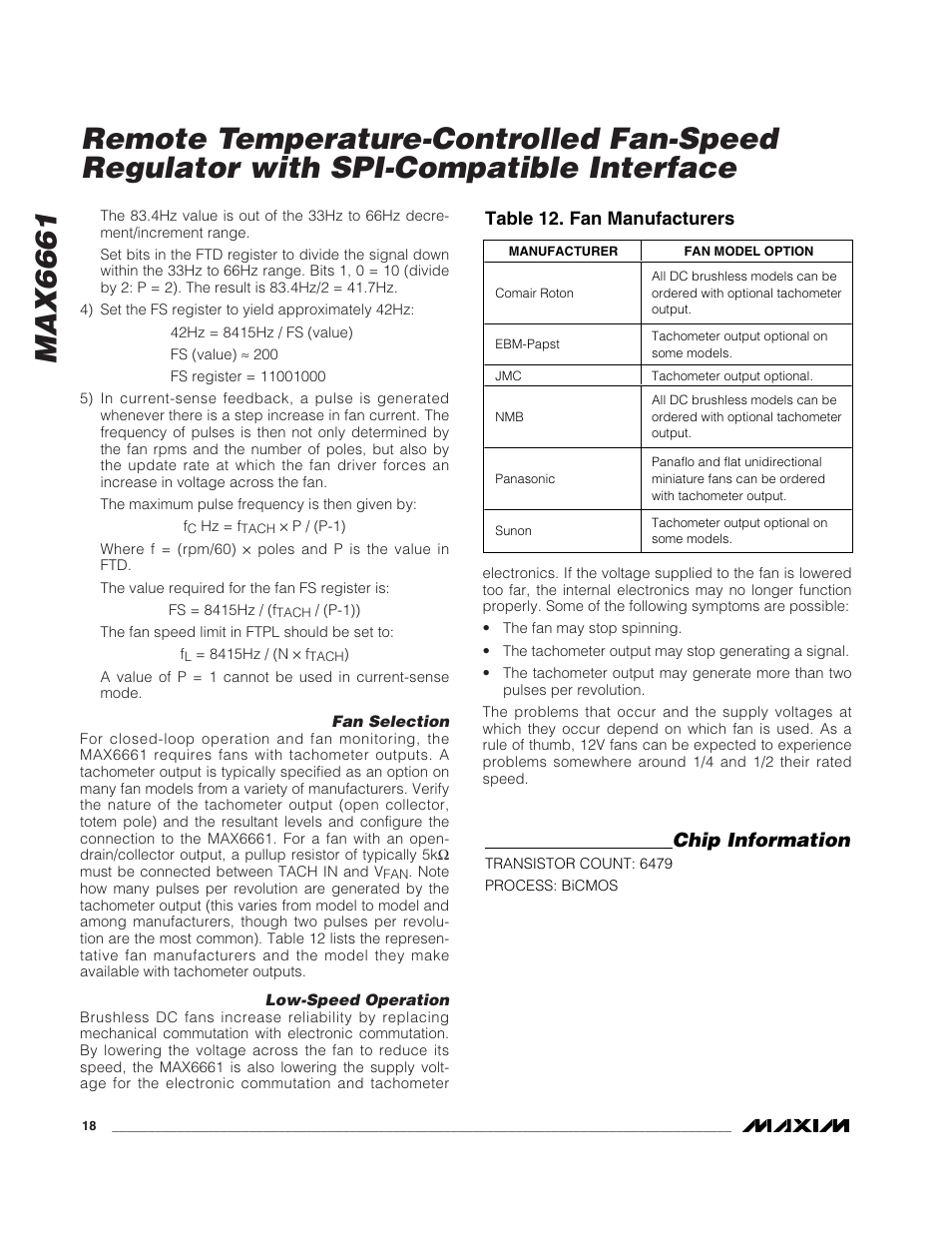 Max6661, Chip information, Table 12. fan manufacturers | Rainbow Electronics MAX6661 User Manual | Page 18 / 19