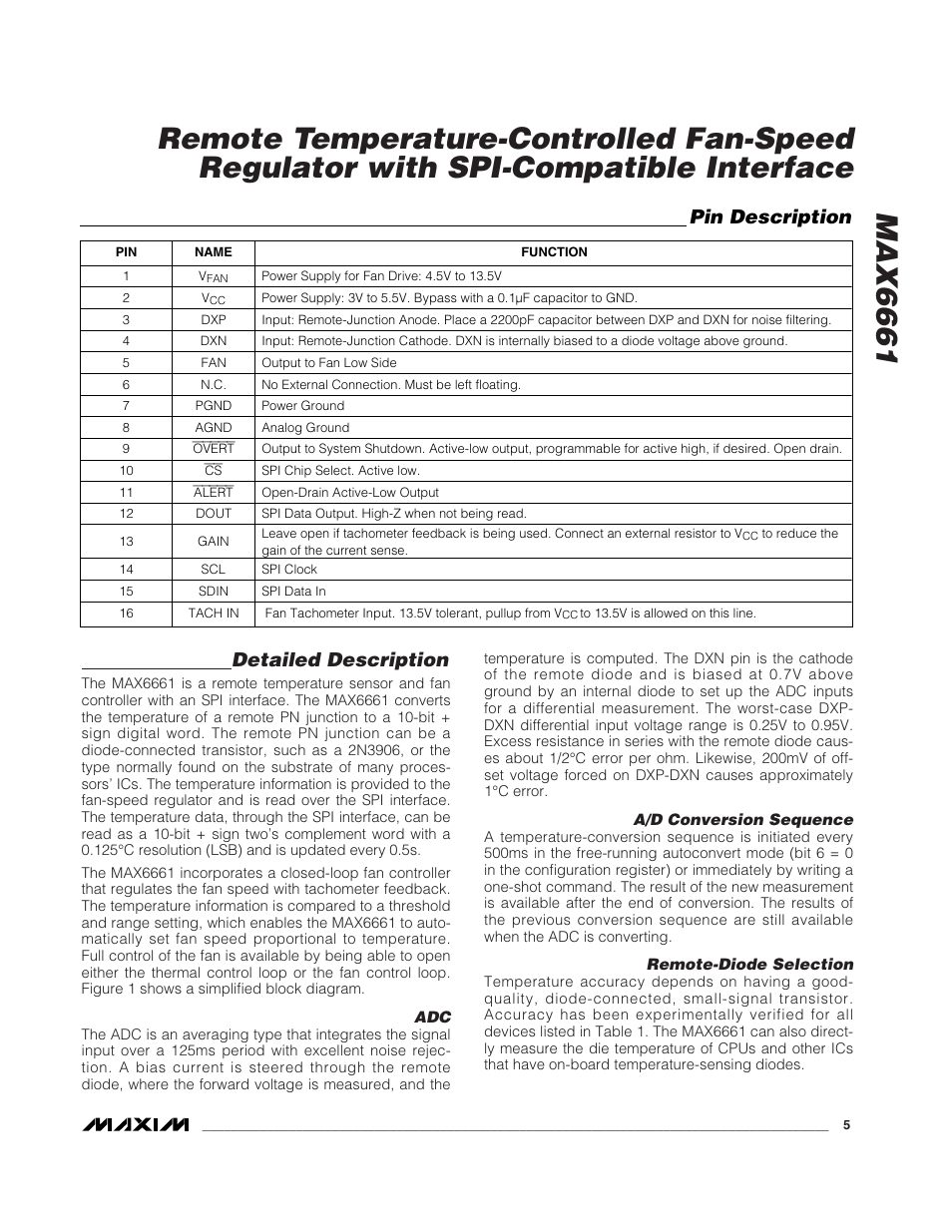 Detailed description, Pin description | Rainbow Electronics MAX6661 User Manual | Page 5 / 19