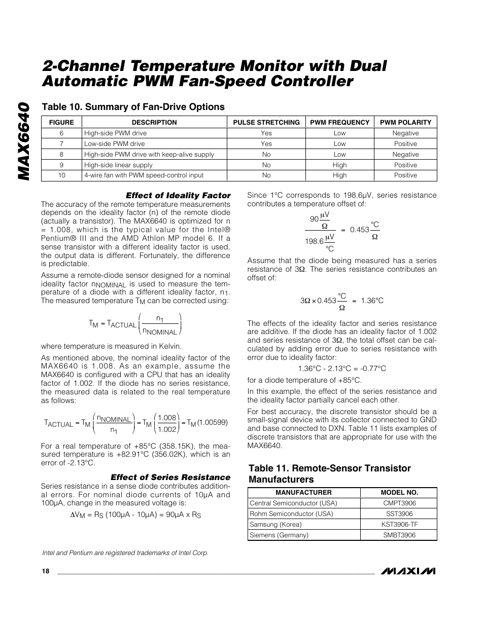 Max6640, Table 10. summary of fan-drive options, Table 11. remote-sensor transistor manufacturers | Rainbow Electronics MAX6640 User Manual | Page 18 / 22