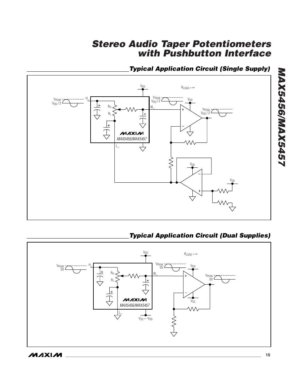 Typical application circuit (single supply), Typical application circuit (dual supplies) | Rainbow Electronics MAX5457 User Manual | Page 15 / 20