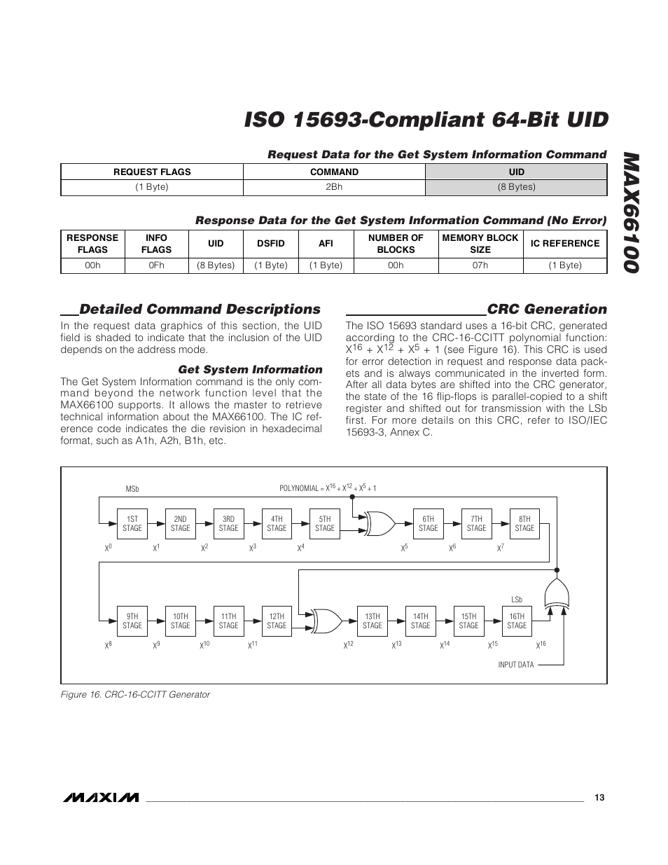 Detailed command descriptions, Crc generation, Get system information | Rainbow Electronics MAX66100 User Manual | Page 13 / 16