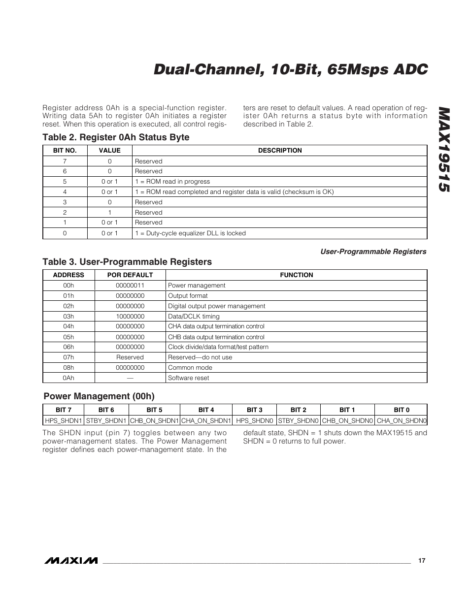 Table 2. register 0ah status byte, Table 3. user-programmable registers, Power management (00h) | Rainbow Electronics MAX19515 User Manual | Page 17 / 34