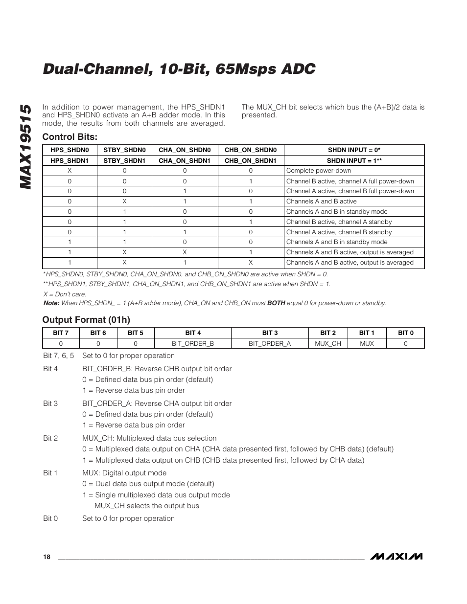 Control bits: output format (01h) | Rainbow Electronics MAX19515 User Manual | Page 18 / 34