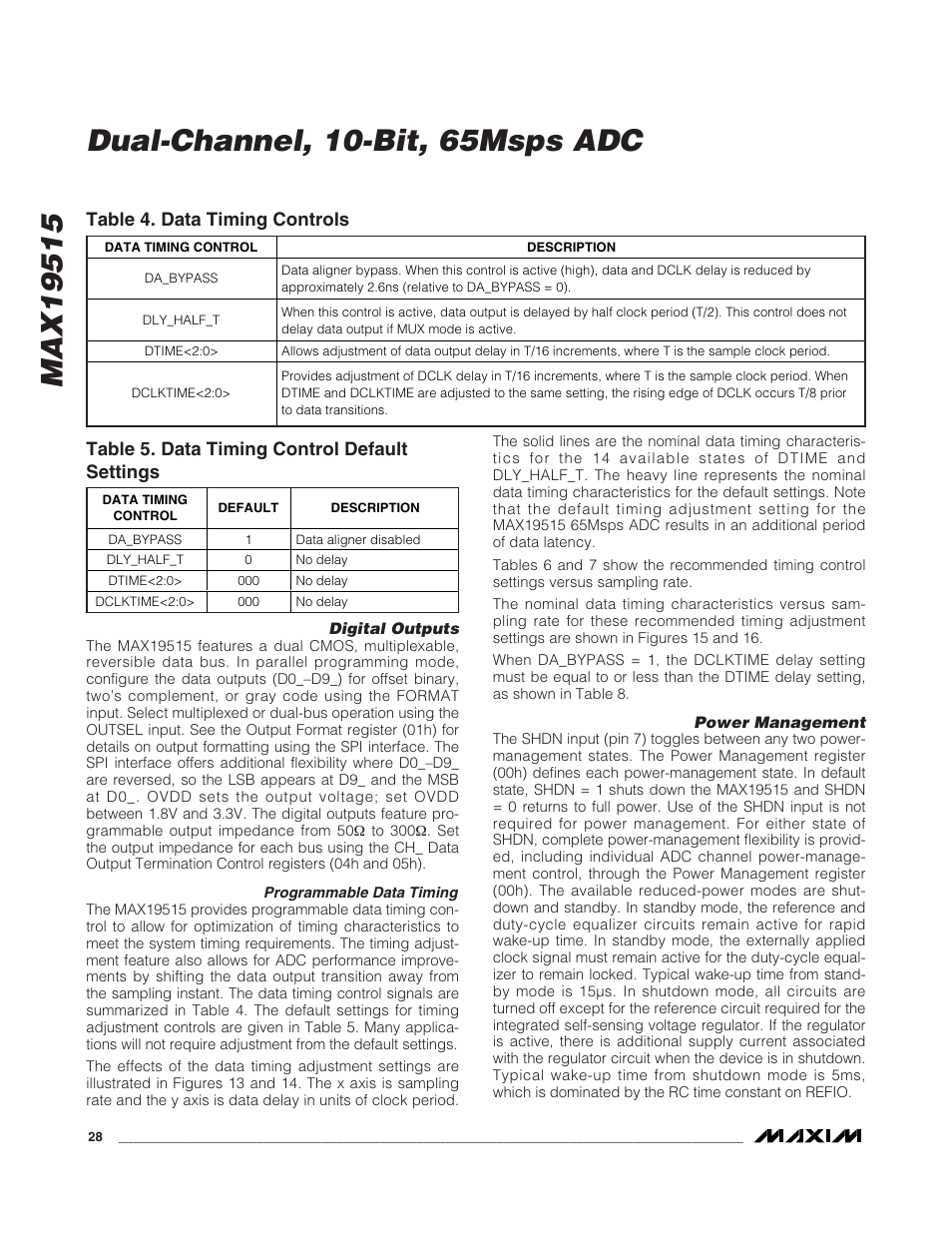 Table 4. data timing controls, Table 5. data timing control default settings | Rainbow Electronics MAX19515 User Manual | Page 28 / 34