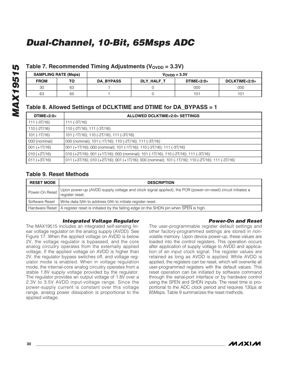 Table 7. recommended timing adjustments (v, Table 9. reset methods | Rainbow Electronics MAX19515 User Manual | Page 30 / 34