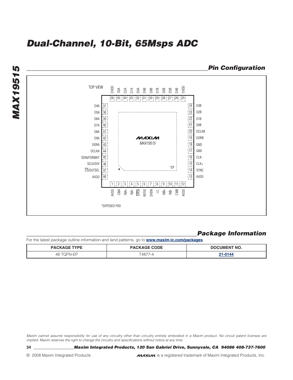 Package information, Pin configuration | Rainbow Electronics MAX19515 User Manual | Page 34 / 34