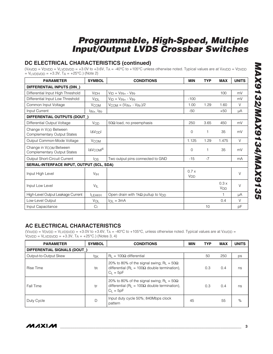 Dc electrical characteristics (continued), Ac electrical characteristics | Rainbow Electronics MAX9135 User Manual | Page 3 / 19