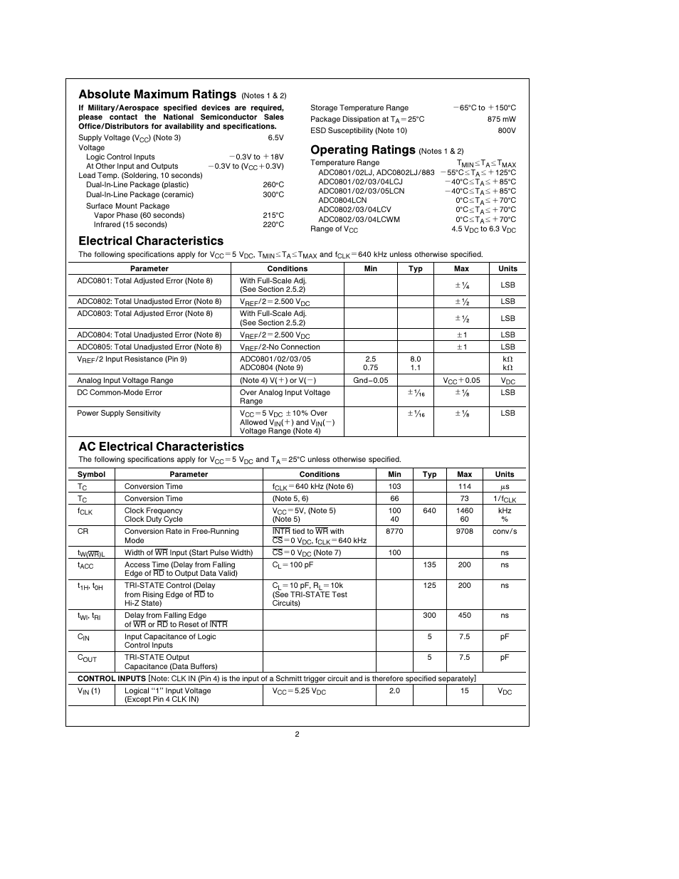 Absolute maximum ratings, Operating ratings, Electrical characteristics | Ac electrical characteristics | Rainbow Electronics АDC0805 User Manual | Page 2 / 36